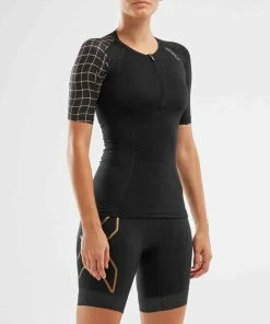 2XU - Compression Sleeved Tri Top - Women's -ZONE3 shop WT6058a BLK GLD 02 squashed 92119.1649947973