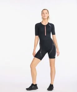 2XU - Aero Sleeved Trisuit - Women's - Black/Hyper Coral -ZONE3 shop WT6431d BLK HYC 05 70862.1652774385