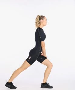 2XU - Aero Sleeved Trisuit - Women's - Black/Hyper Coral -ZONE3 shop WT6431d BLK HYC 15 27246.1652774385