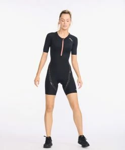 2XU - Aero Sleeved Trisuit - Women's - Black/Hyper Coral -ZONE3 shop WT6431d BLK HYC 16 89797.1652774385