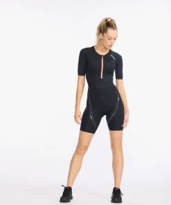 2XU - Aero Sleeved Trisuit - Women's - Black/Hyper Coral -ZONE3 shop WT6431d BLK HYC 18 83530.1652774385