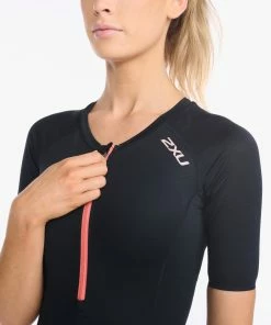 2XU - Aero Sleeved Trisuit - Women's - Black/Hyper Coral -ZONE3 shop WT6431d BLK HYC 22 77790.1652774385