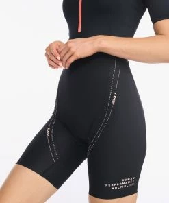 2XU - Aero Sleeved Trisuit - Women's - Black/Hyper Coral -ZONE3 shop WT6431d BLK HYC 23 06569.1652774385